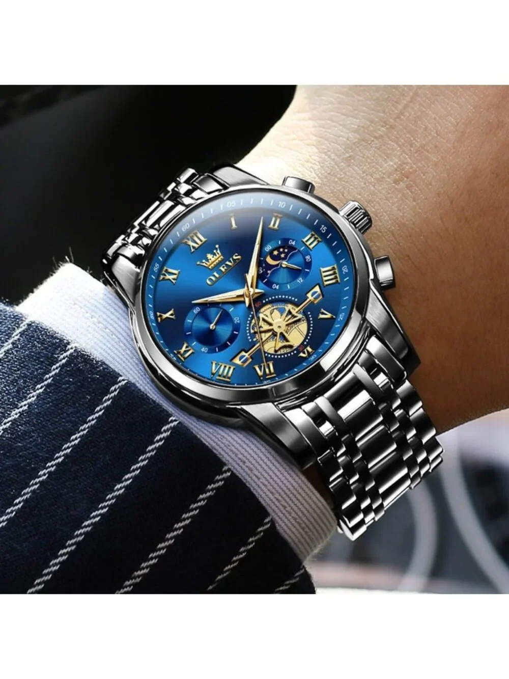 Men's Black Band and Blue Face Stainless Steel Waterproof Big Face Wrist Watch